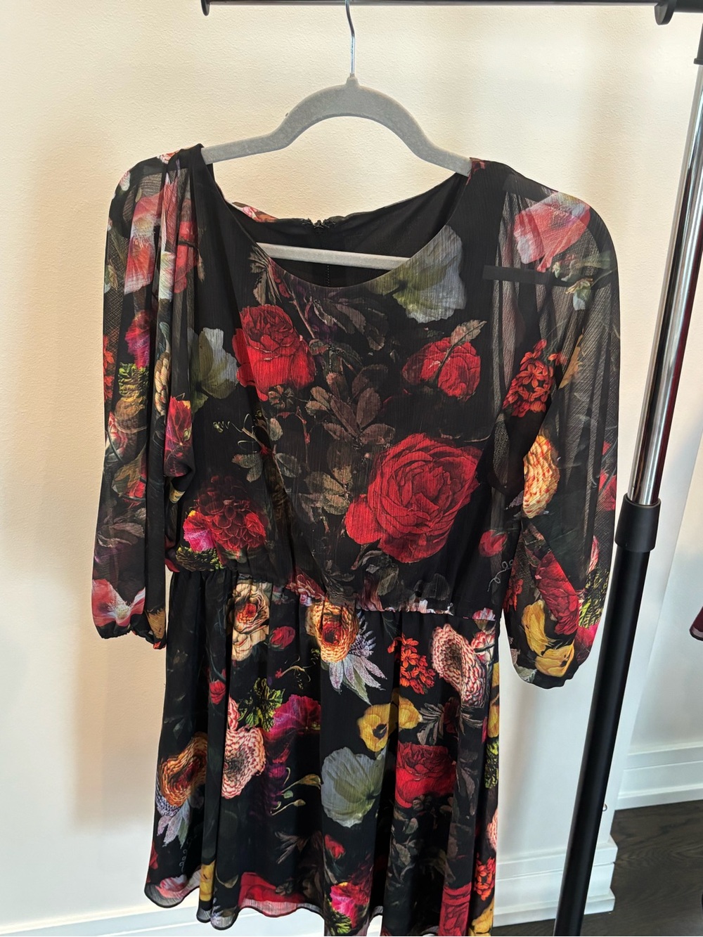 Alice + Olivia Black Floral Long Sleeve Chiffon Dress with Red Rose Print